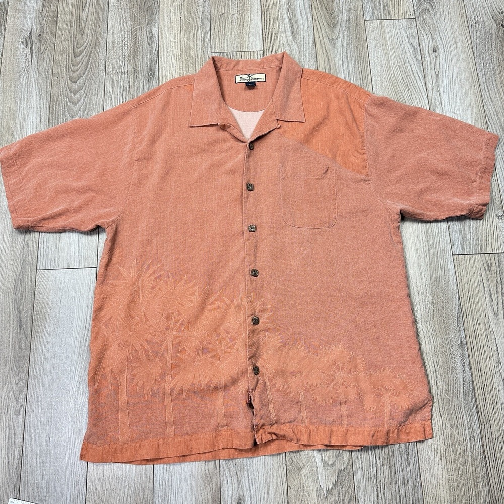 tommy bahama shirt xl orange embroidered palm tree button up 100% silk